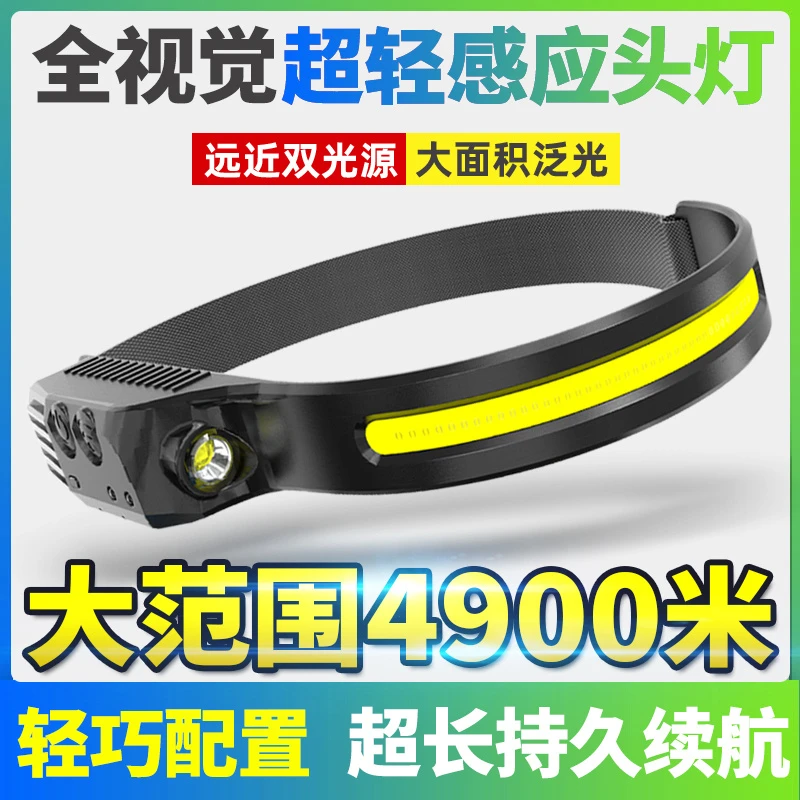 荧光鹿感应头灯强光充电COB泛光散光大面积头戴超亮工作灯户外led