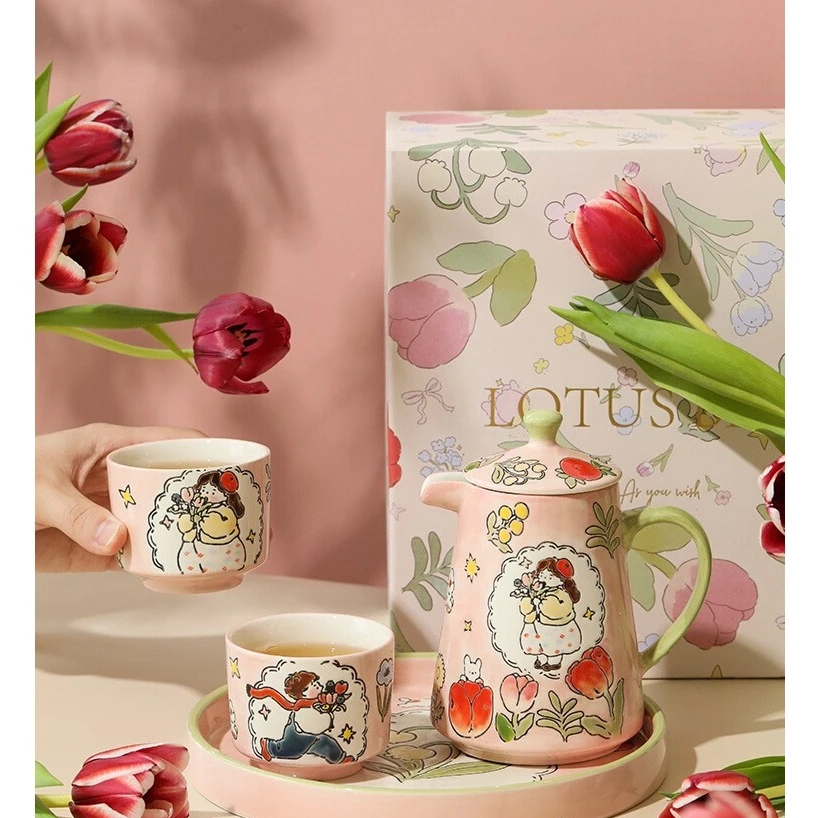 蓝莲花手绘茶具套装礼盒高颜值家用情侣款大容釉下彩伴手礼水具