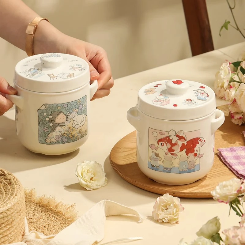 蓝莲花羡鸟文社陶瓷炖盅隔水炖家用可爱瓦罐汤燕窝专用蒸蛋碗炖罐