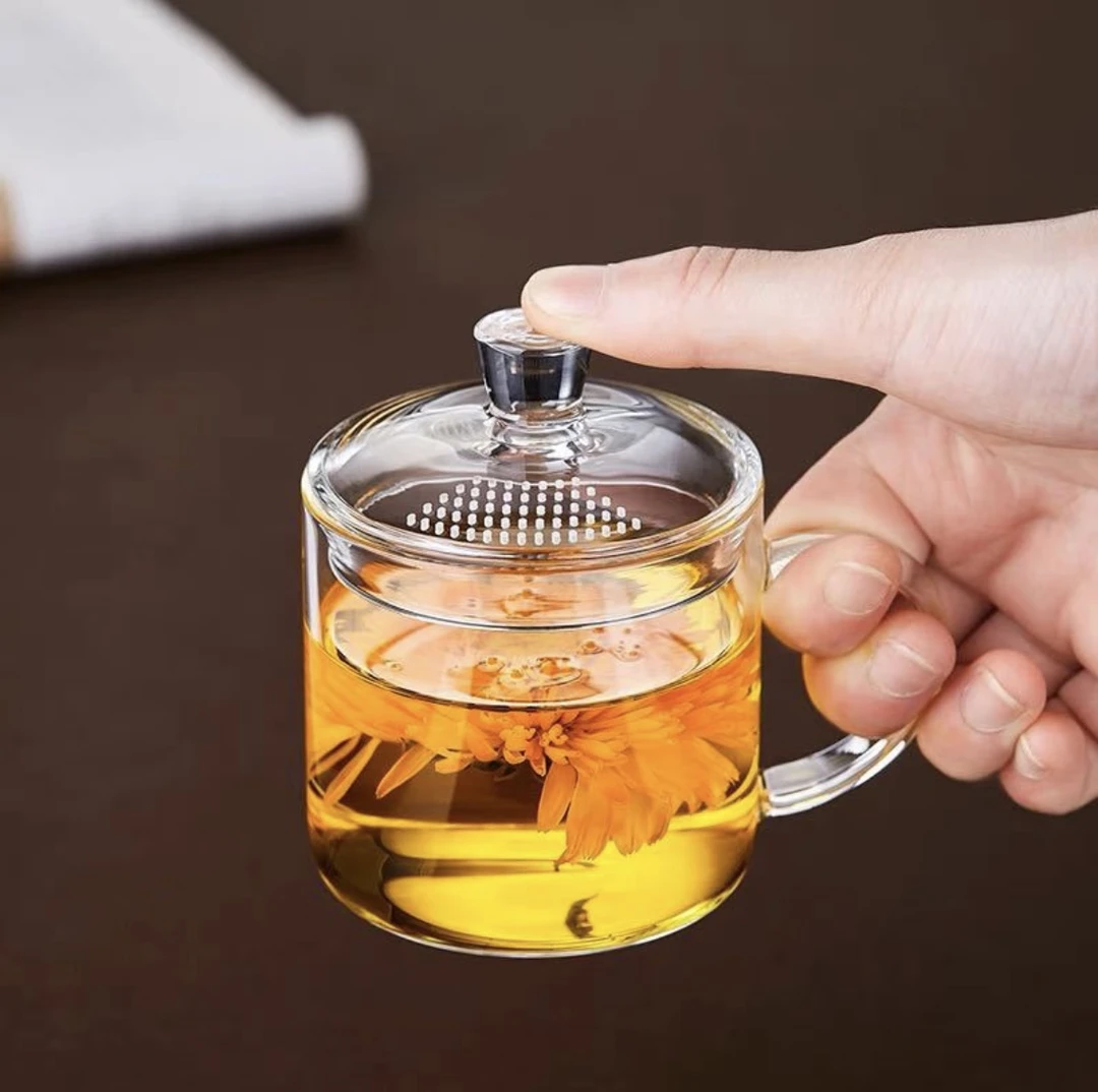 新羽手工玻璃杯耐热透明杯家用带把带盖杯花茶杯绿茶泡茶评茶杯子
