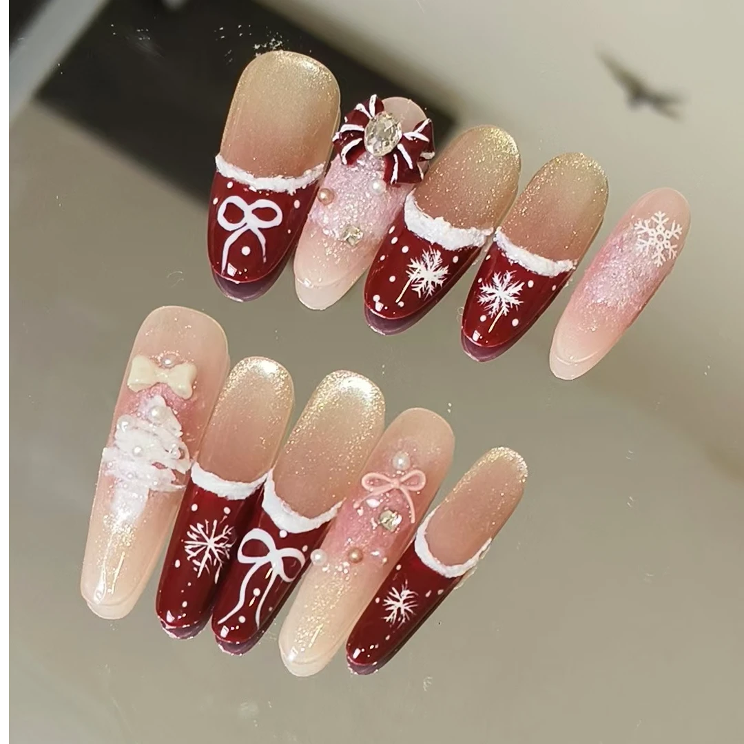 车李子红新年猫眼【实拍】纯手工捏捏圣诞树腮红穿戴甲高级长款甲片