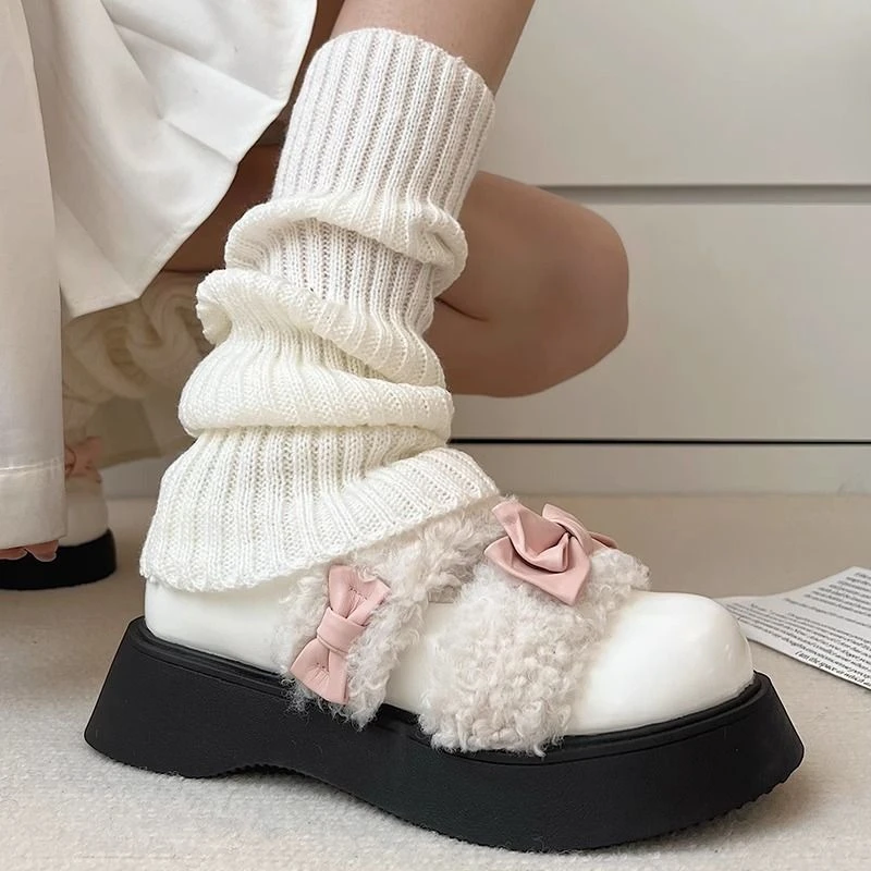 日系蝴蝶结加绒小皮鞋女2023新款春秋季学院风黑色厚底增高乐福鞋