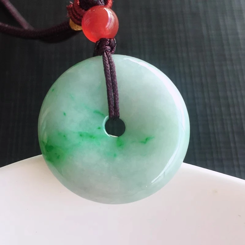 天然缅甸翡翠平安扣吊坠白底青老坑玉扣子飘阳绿怀古挂件男女款