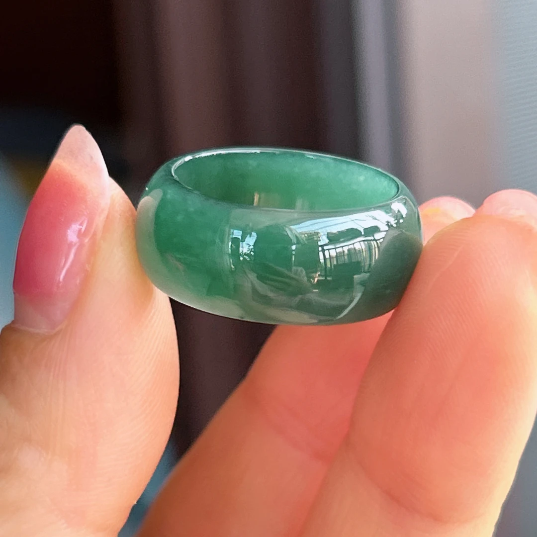 17号圈口老坑玉指环糯冰种蓝色圆戒精雕天然A货翡翠戒指男女款