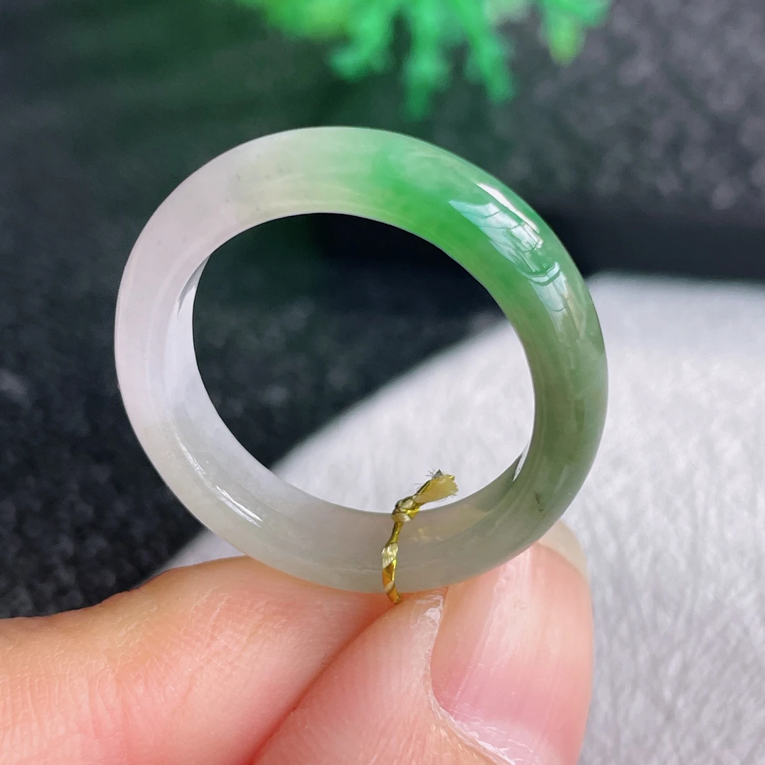 17号圈口天然A货翡翠阳绿飘花冰种戒指缅甸老坑黄加绿戒圈男女款