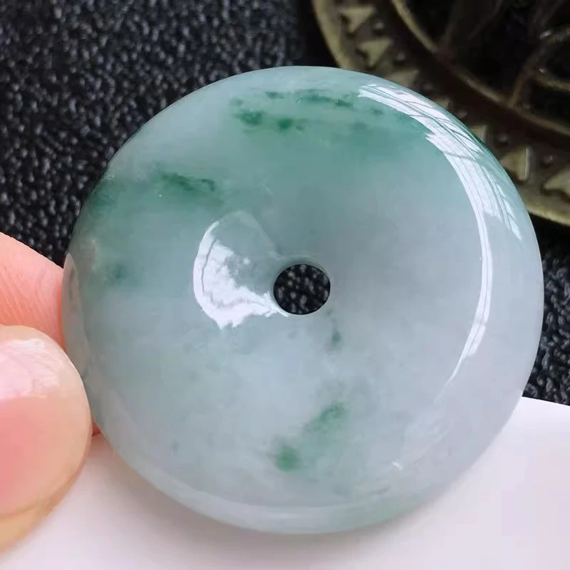 天然A货翡翠飘花彩平安扣吊坠精雕缅甸老坑糯冰种玉怀古扣子挂件