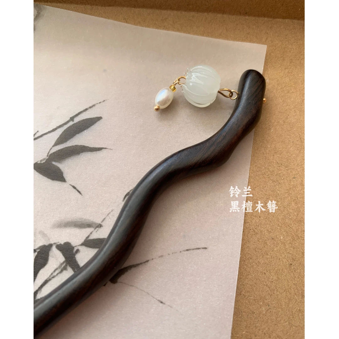 铃兰黑檀木发簪  清新白色国风流苏旗袍配饰日常丸子头盘发饰头饰