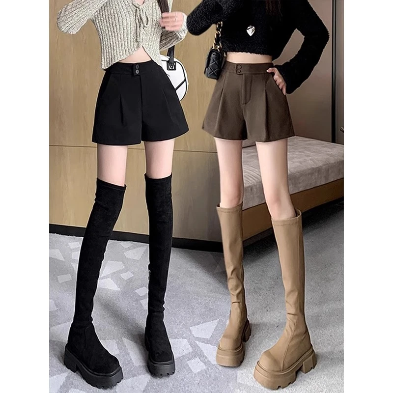 小个子毛呢短裤女秋冬2025新款外穿a字阔腿裤高腰打底裤黑色靴裤