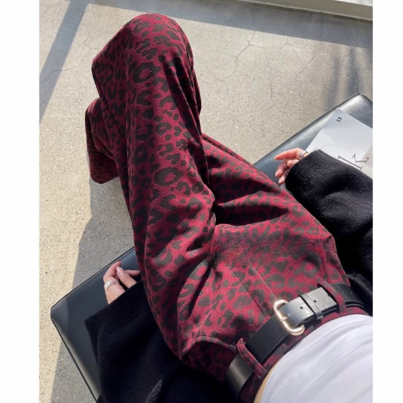 毛呢豹纹西装阔腿裤女冬季辣妹风羊绒高腰直筒裤窄版垂坠感拖地裤