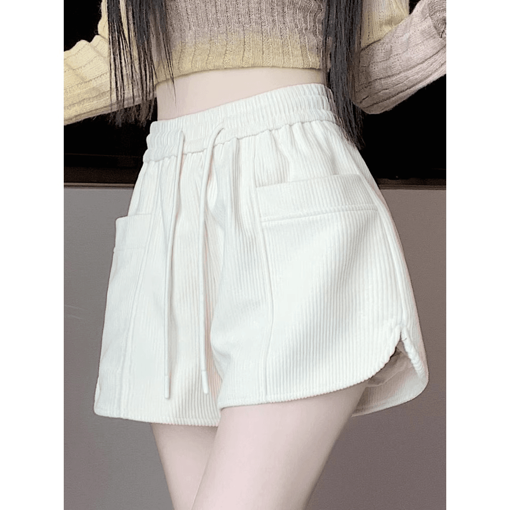 加厚灯芯绒短裤女秋冬外穿松紧高腰A字靴裤小个子阔腿裤2024新款