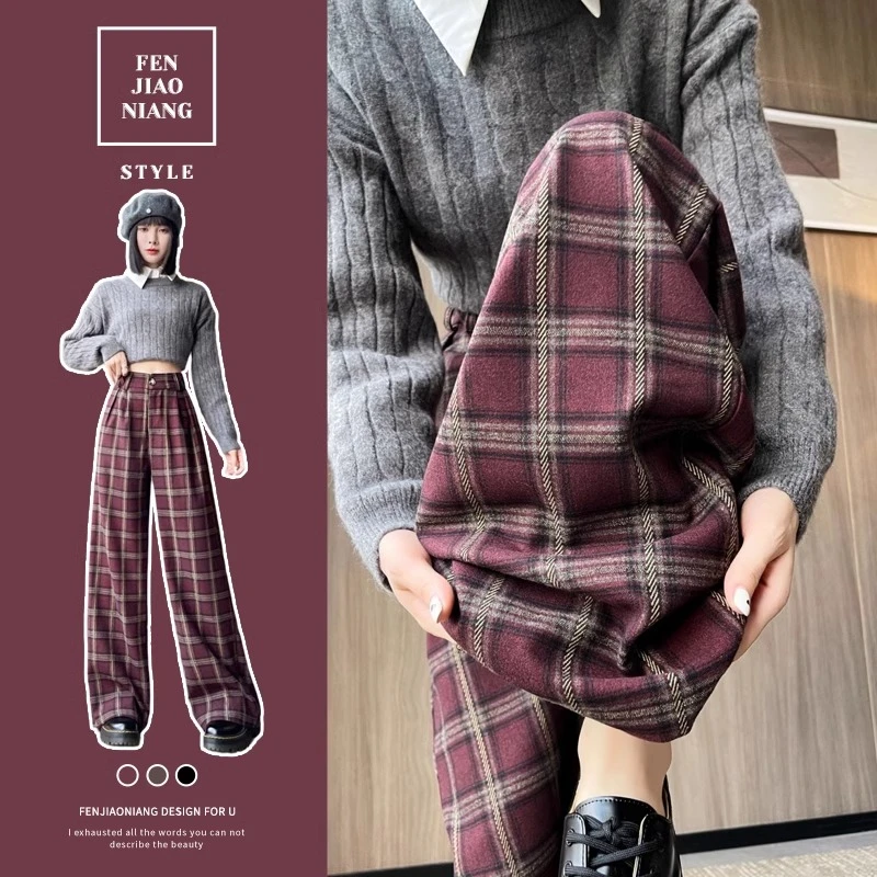 安可拉红格子西装裤女秋冬高腰宽松拖地直筒裤复古格纹休闲阔腿裤