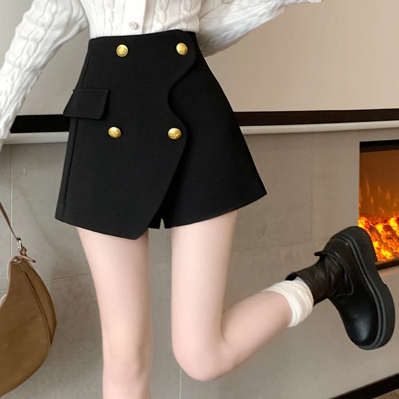 不规则黑色a字短裤裙女2024春秋冬新款小个子高腰显瘦阔腿裙裤子