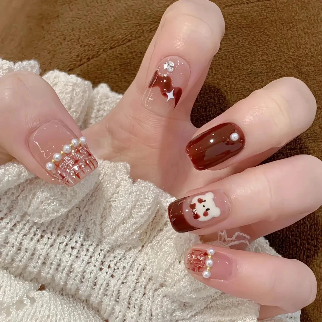 【手工美甲】可爱毛呢 气质显白手绘小熊熊 小香风穿戴甲指甲贴片