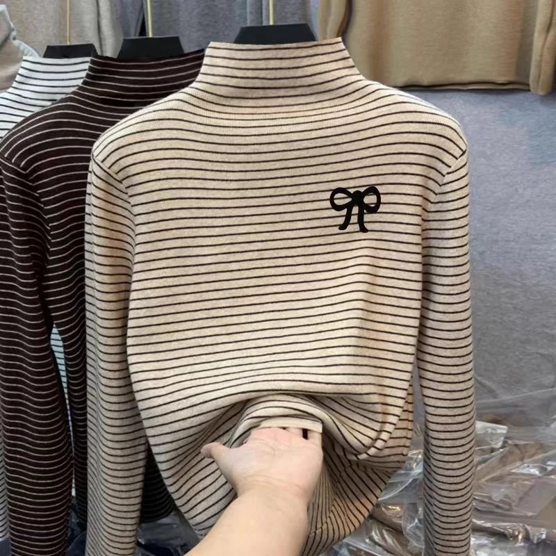 中大儿童半高领条纹长袖德绒打底衫女童内搭保暖蝴蝶结印花上衣服