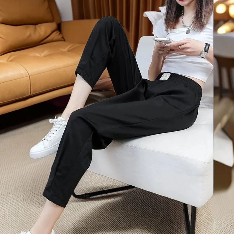 大码夏季薄款速干冰丝哈伦裤女宽松高腰显瘦黑色九分裤子休闲裤女