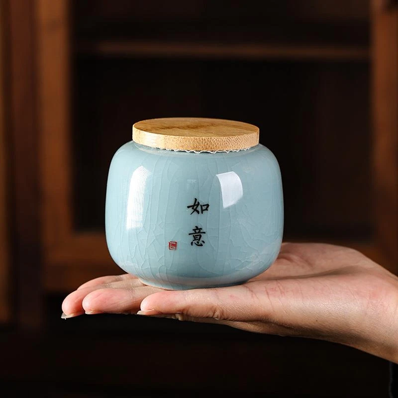 哥窑茶叶罐开片禅翼纹陶瓷罐防潮茶叶储存罐干果收藏盒陶罐中式