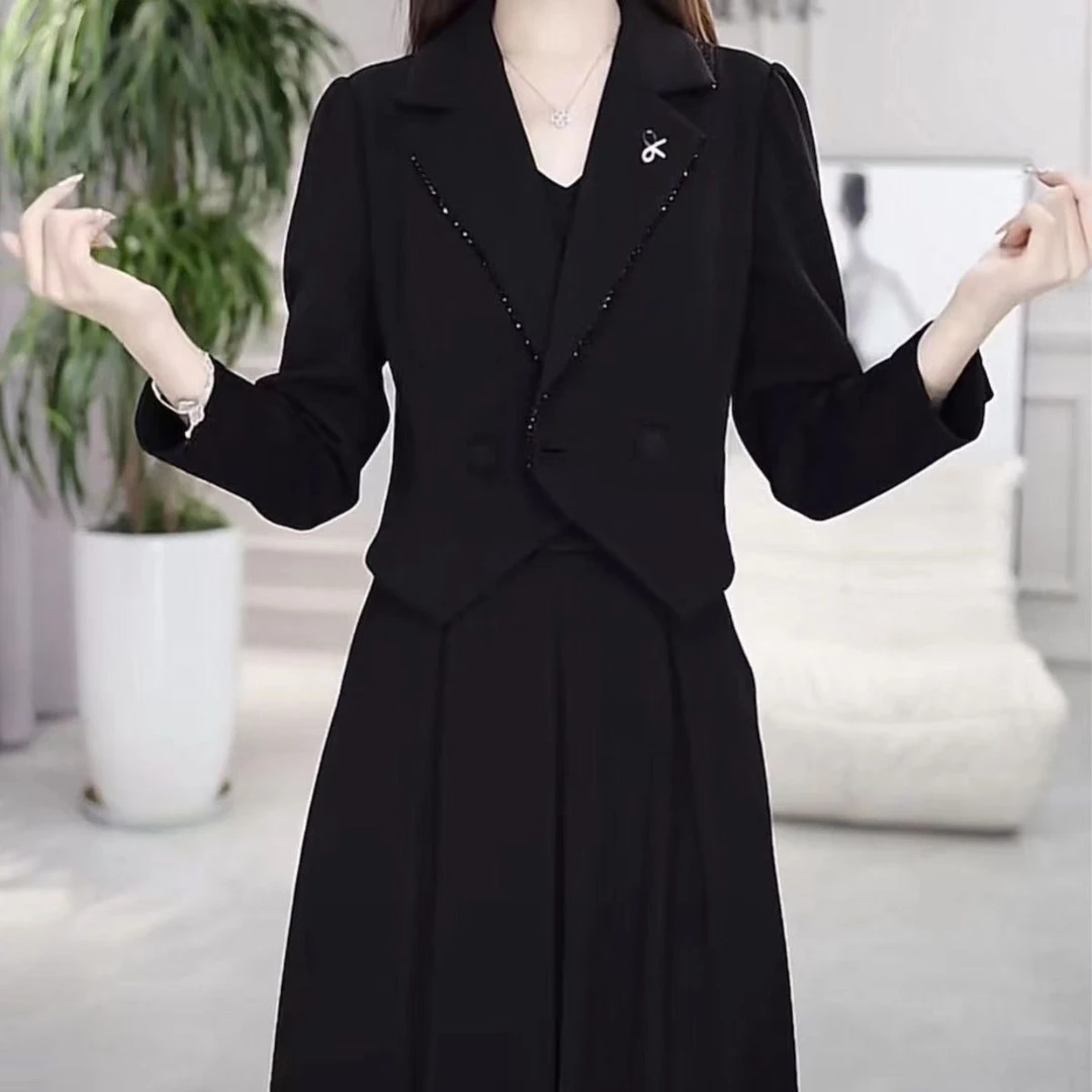 爆款女气质名媛西装假两件连衣裙2025春秋新款高端长袖修身中长裙