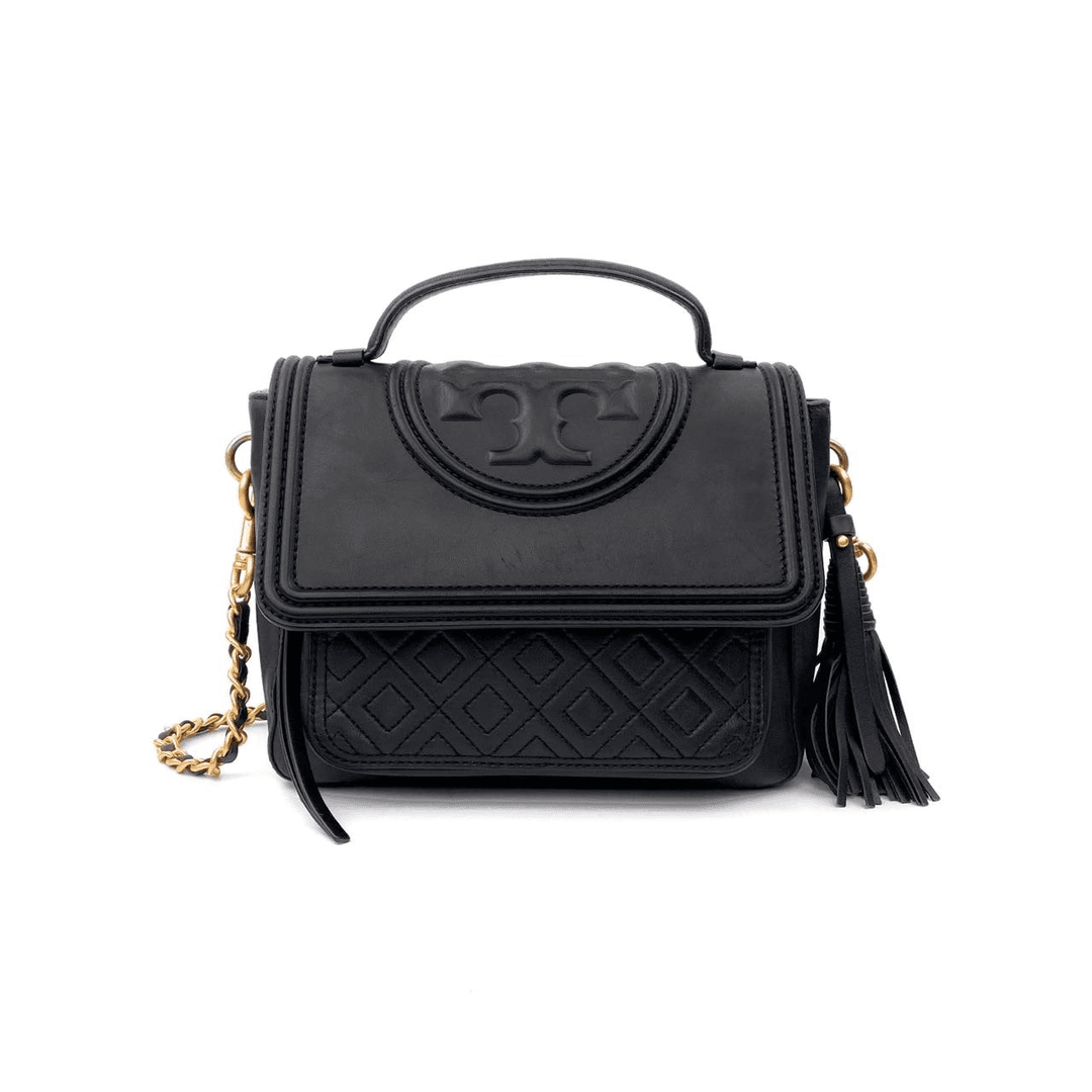 95新 Tory Burch/汤丽柏琦 黑色牛皮抽穗邮差包链条手提单肩包