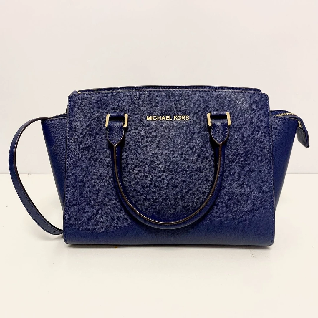 99新 MICHAEL KORS/迈克高仕 蓝色金标十字纹牛皮手提包肩背包