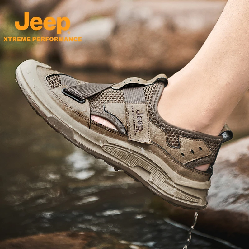 JEEP/吉普户外休闲百搭男士凉鞋时尚外穿镂空包头网面软底沙滩鞋
