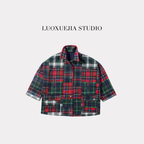 LXJ24402「苏格兰小调」小众格纹拼接宽松休闲外套