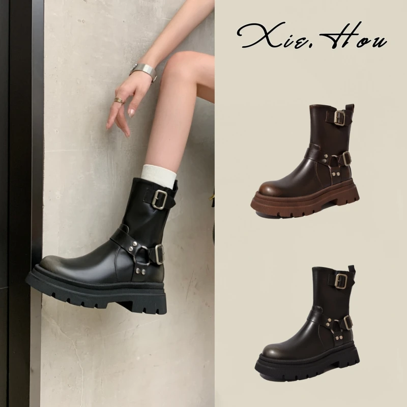 【鞋逅】~5厘米牛皮~粗跟厚底真皮英伦风马丁靴2024年秋冬时尚短靴