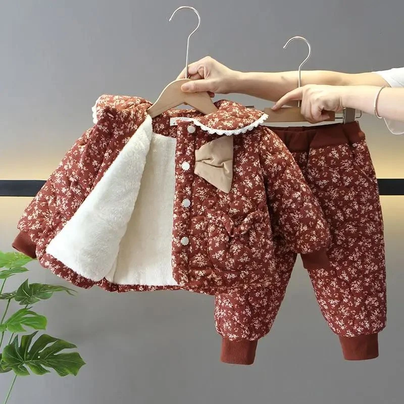 女童冬季棉服套装宝宝新款加绒碎花棉衣洋气婴儿加厚冬装