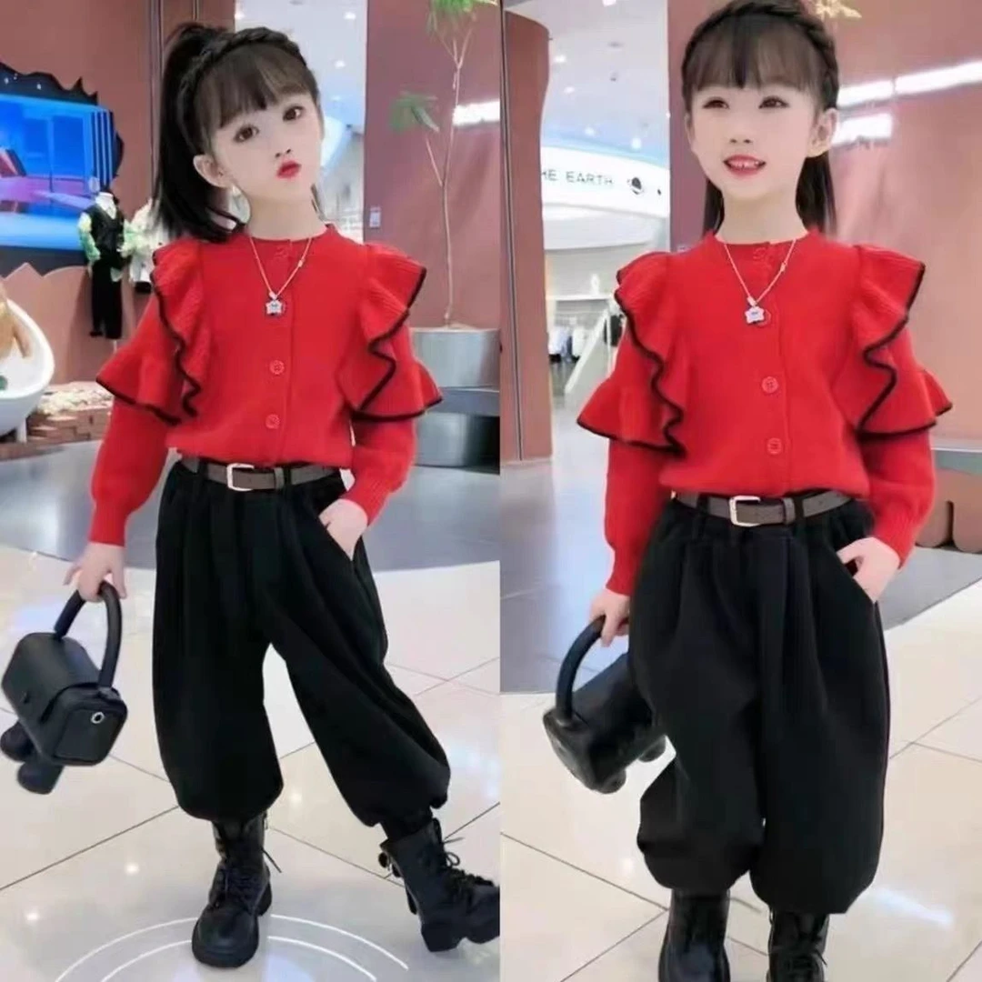 女童秋装毛衣套装新款女大童洋气开衫春秋休闲哈伦裤两件套