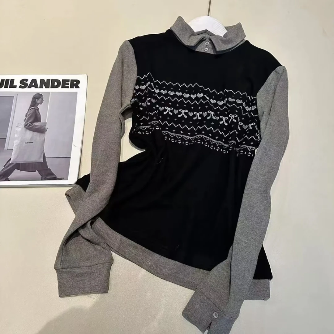 【韩紫朵 】2024冬季新品时尚撞色拼接百搭显瘦长袖T恤加厚保暖5802