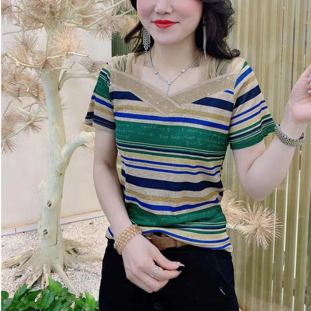 【韩紫朵 】新品双肩网纱V领洋气时尚百搭t恤修身显瘦短袖气质8851