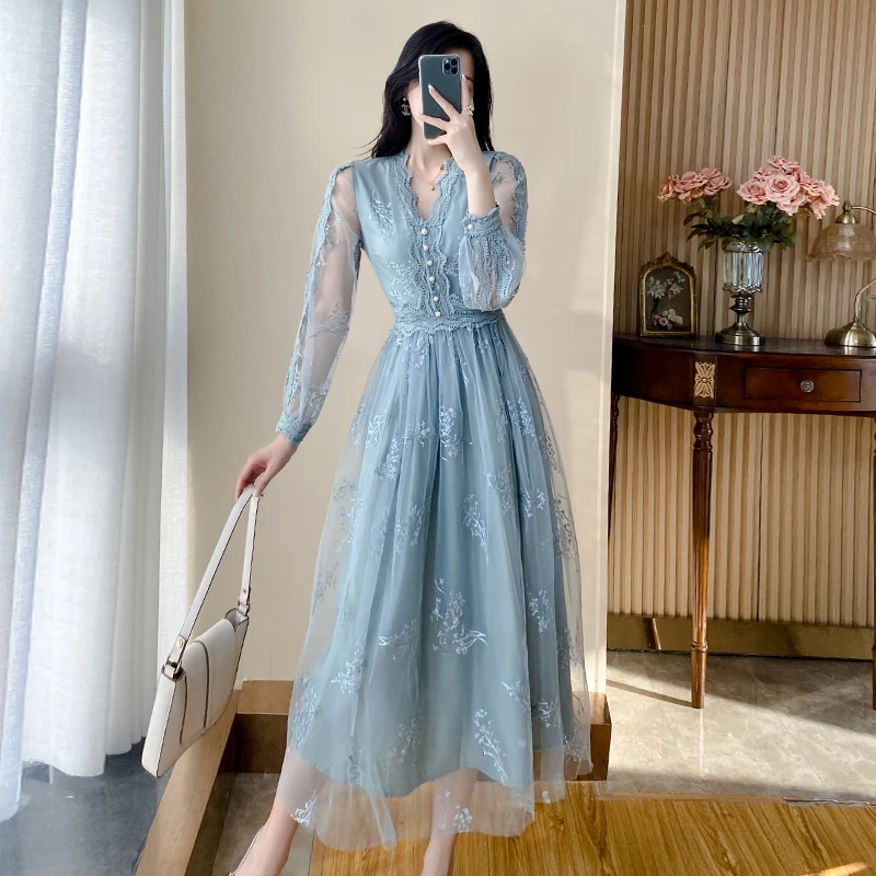 DS23014#雪纺网纱法式连衣裙2025年早春装新款女装收腰显瘦名媛