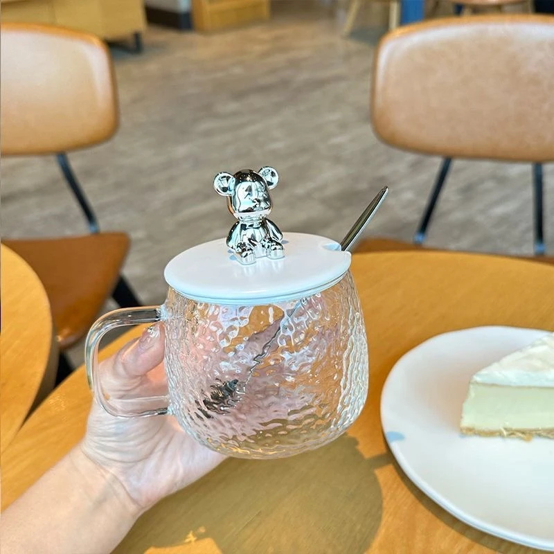 【冰山锤纹】小熊玻璃杯ins玻璃高颜值早餐带盖可爱水杯马克杯
