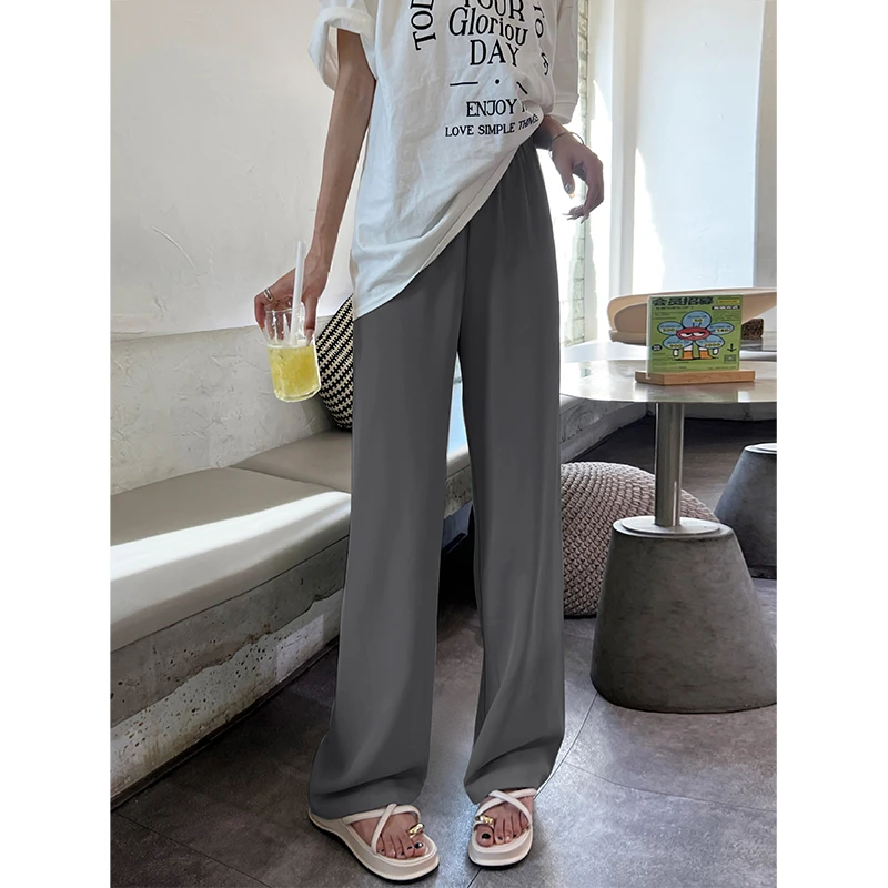 ebenb冰丝凉凉裤女2025高腰阔腿长裤垂感显瘦拖地直筒窄版西装裤
