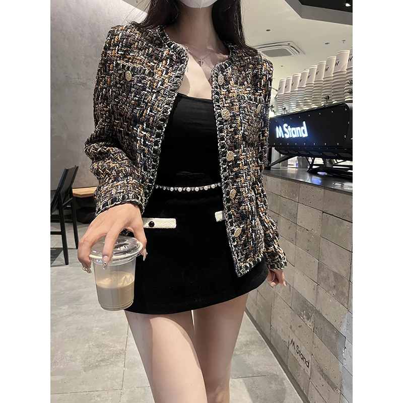 粗花呢法式气质小香风2023年秋冬新款圆领复古高级设计感短外套