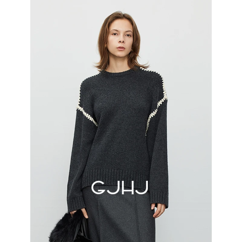 gjhj【榆锦】自留 撞色锁边宽松实穿主义重工贝壳绣毛衣外套