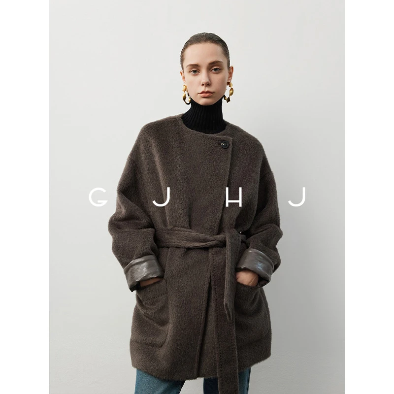 gjhj嵿级苏力羊驼毛大衣女 中长款拼皮一粒扣圆领毛呢外套秋冬