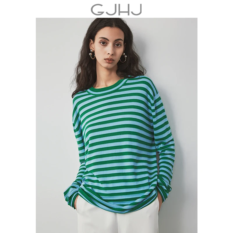 gjhj口碑一秒时髦 肯豆风立体感天丝羊毛撞色条纹廓形针织衫/罩衫