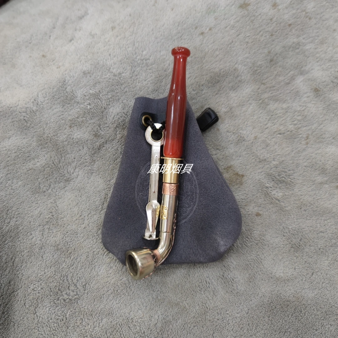 掌中宝旱烟袋白铜手工镶花锅传统老式旱烟袋白铜镶花锅中锅短款