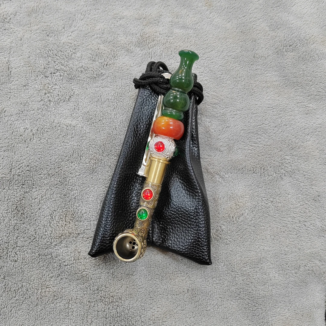 绿葫芦玛瑙旱烟袋银色烟档套装