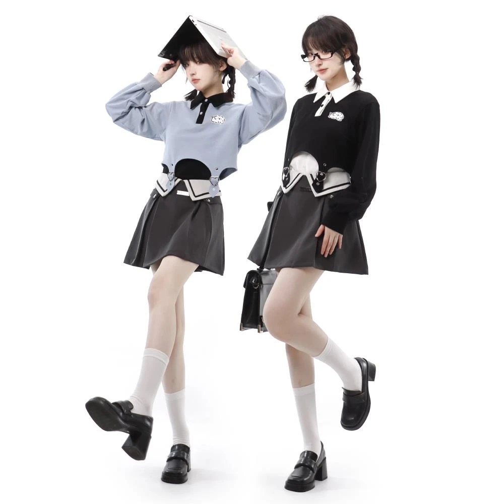 PINKSAVIOR线条小狗两件套吊带上衣爱心扣显瘦设计款上衣早秋