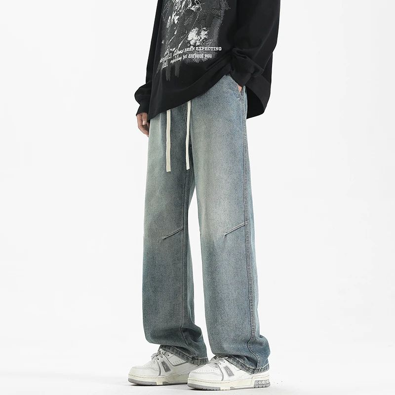 【2517】美式复古蓝工装牛仔裤男款夏季褶皱裤子高街宽松加长直筒裤