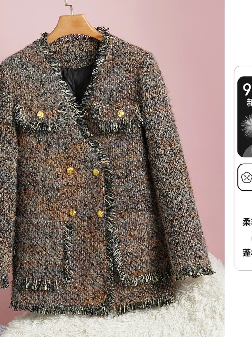 气质名媛小香风流苏外套女冬加厚2024新款90白鸭毛呢外套女粗花呢