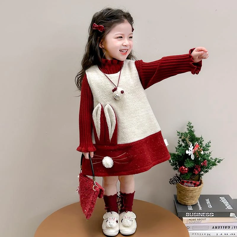 正品笛莎女童连衣裙秋冬款2024新款宝宝加绒背心裙儿童冬装拜年