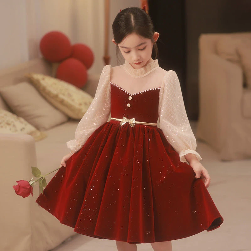 巴拉斋新品儿童生日晚礼服女童秋冬酒红色丝绒公主裙小女孩主持演