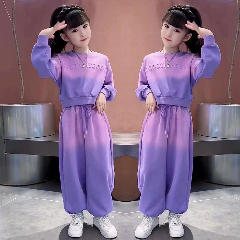 巴拉斋新品女童渐变色卫衣套装2024新款中大童春秋季洋气运动儿童