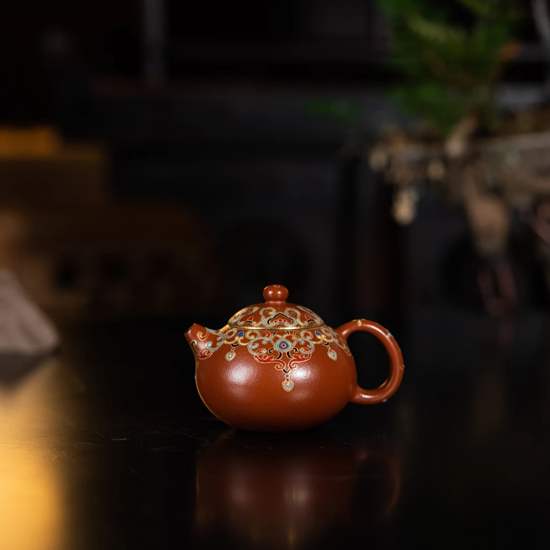 【合仲】缠枝纹珐琅文旦 朱泥105cc家用紫砂茶壶