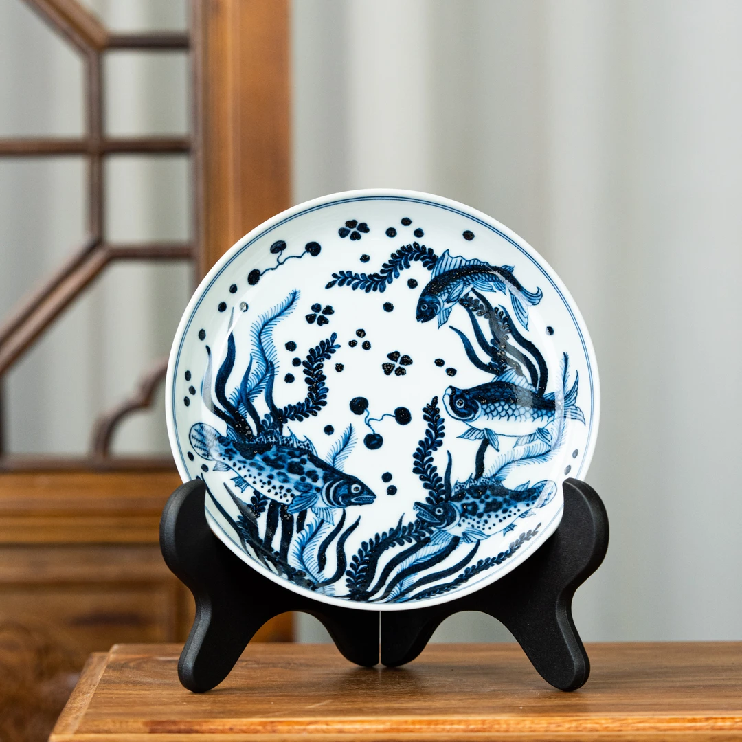 墨舍柴窑鱼藻壶承 直径15.7cm 瓷器家用茶具