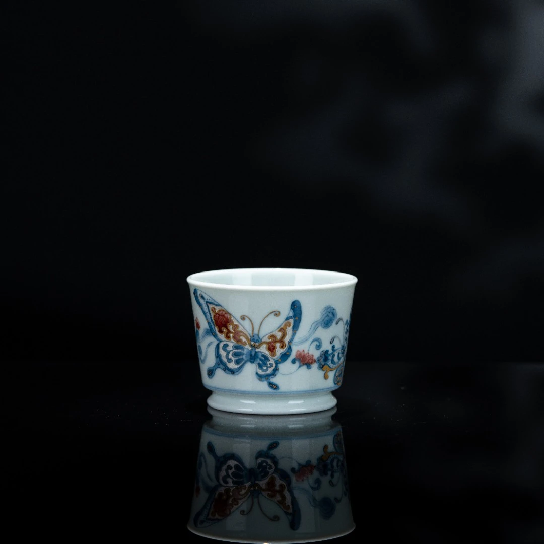 屹朴 青花釉里红金银错蝴蝶直口杯90cc 景德镇瓷器yipu641