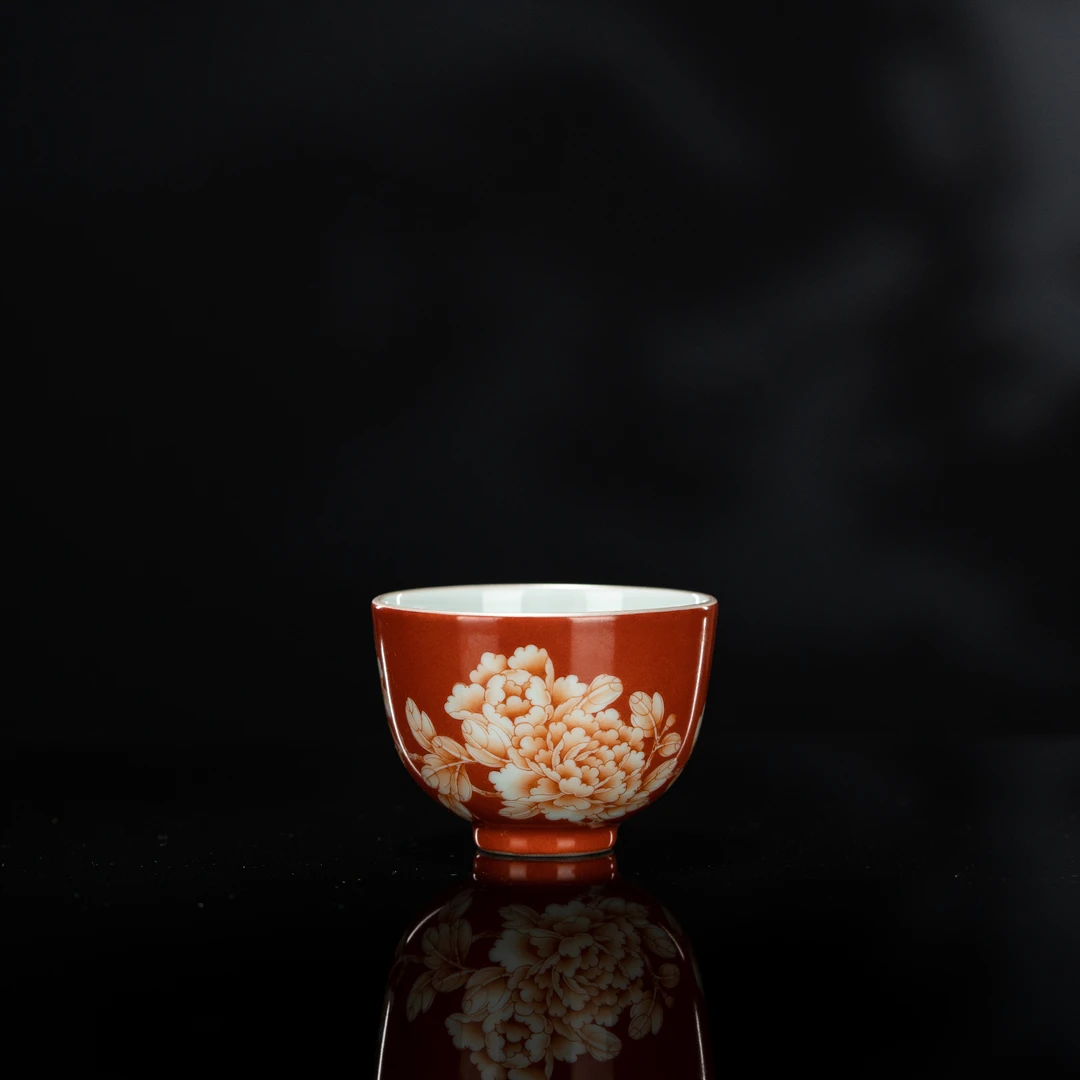 珽珽茶器 华青堂 老矾红牡丹直口杯90cc 瓷器茶周边
