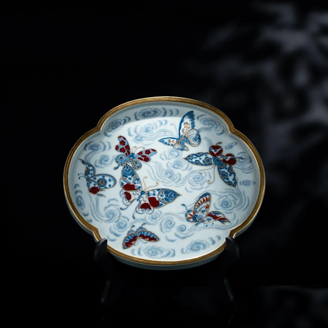 屹朴 青花釉里红金银错蝴蝶壶承 长22.7cm宽20.2cm 家用茶周边